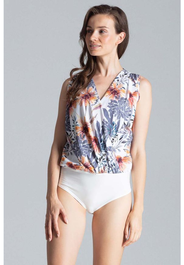 Figl - Eleganckie Kopertowe Body bez Rękawów Wzór 107. Materiał: elastan, wiskoza, poliester. Długość rękawa: bez rękawów. Styl: elegancki