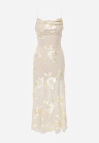 Renee - Beżowa Wieczorowa Sukienka z Siateczki z Gorsetowym Wiązaniem na Plecach Cezenna. Okazja: na co dzień. Typ kołnierza: dekolt gorset. Kolor: beżowy. Wzór: aplikacja, kwiaty. Typ sukienki: gorsetowe. Styl: wizytowy #4