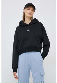 Calvin Klein Jeans bluza bawełniana damska kolor czarny z kapturem z aplikacją. Typ kołnierza: kaptur. Kolor: czarny. Materiał: bawełna. Wzór: aplikacja #6