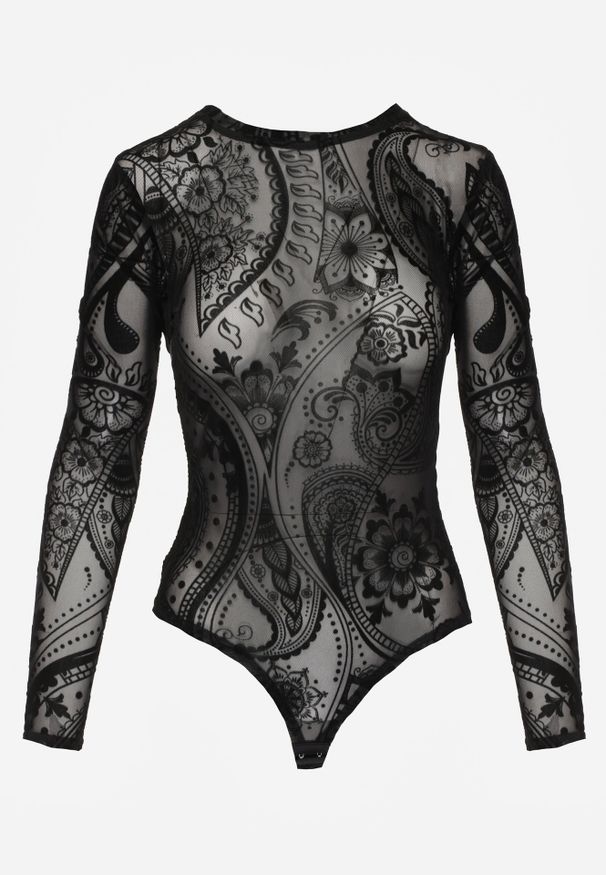 Renee - Czarne Body z Siateczki Vonegno. Kolor: czarny. Materiał: jeans, welur, wiskoza. Wzór: aplikacja