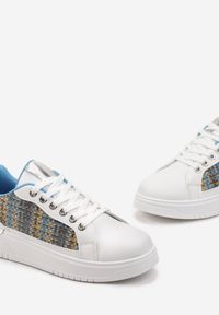 Born2be - Biało-Niebieskie Sneakersy z Tweedową Wstawką Ecafa. Wysokość cholewki: przed kostkę. Kolor: biały. Szerokość cholewki: normalna. Obcas: na płaskiej podeszwie #2