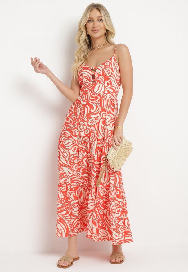 Born2be - Pomarańczowa Sukienka z Bawełną i Wiskozą na Cienkich Ramiączkach z Regulacją z Paskiem Dimite. Kolor: pomarańczowy. Materiał: bawełna, wiskoza. Długość rękawa: na ramiączkach. Wzór: aplikacja. Styl: klasyczny