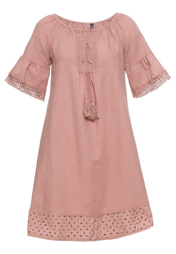 Sukienka lniana bonprix stary jasnoróżowy. Kolor: różowy. Materiał: len. Styl: retro
