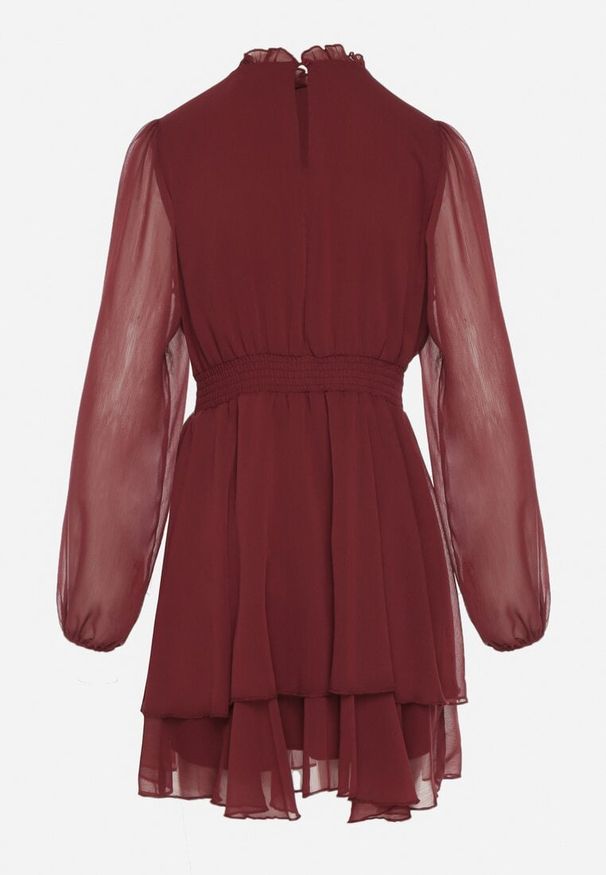 Born2be - Bordowa Rozkloszowana Sukienka Siateczkowa z Bufiastymi Rękawami Isovana. Okazja: na co dzień. Kolor: czerwony. Styl: casual, elegancki