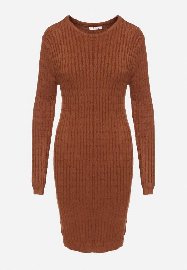 Born2be - Brązowa Dzianinowa Sukienka Mini z Ozdobnym Prążkowaniem o Dopasowanym Fasonie Kais. Kolor: brązowy. Materiał: dzianina, prążkowany. Długość: mini
