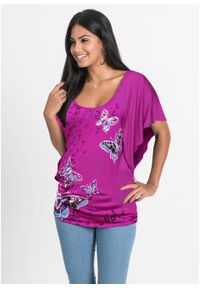 Shirt z rękawami kimonowymi bonprix piwonia z nadrukiem. Kolor: fioletowy. Wzór: nadruk #2