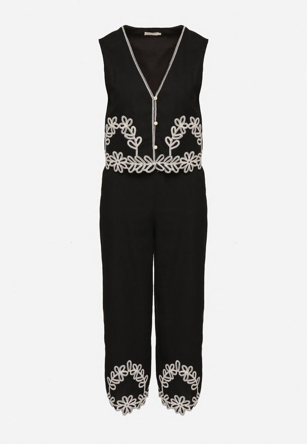 Born2be - Czarny Komplet z Bawełny Kamizelka i Spodnie Zdobione Haftem Sesitria. Kolor: czarny. Materiał: bawełna. Wzór: aplikacja, haft