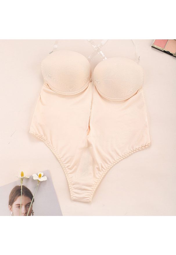 Intica - Body bezszwowe z dekoltem na wieczorne wyjścia Jeronima. Kolor: beżowy. Materiał: materiał