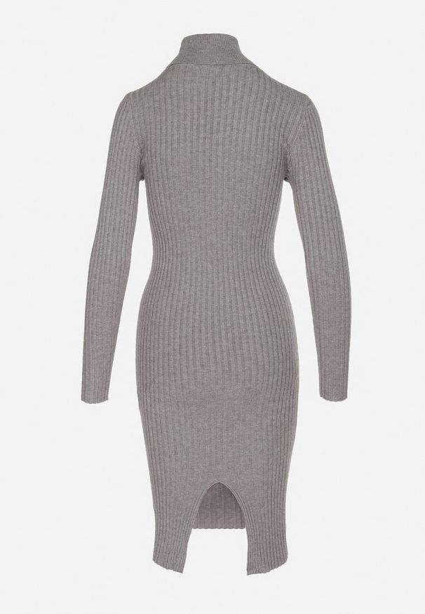 Born2be - Szara Sukienka Prążkowana o Dopasowanym Kroju z Golfem Kaszmirem Bawełną i Wełną Vaithessa. Okazja: na co dzień. Typ kołnierza: golf. Kolor: szary. Materiał: wełna, bawełna, prążkowany, kaszmir. Długość rękawa: długi rękaw. Styl: casual, elegancki