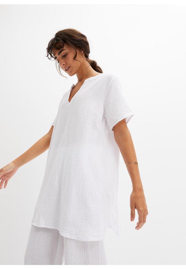 bonprix - Długa tunika muślinowa z czystej bawełny. Kolor: biały. Materiał: bawełna. Długość rękawa: krótki rękaw. Długość: krótkie, długie