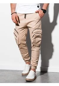 Ombre Clothing - Spodnie męskie joggery - beżowe P996 - L. Kolor: beżowy. Materiał: bawełna, elastan