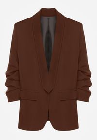 Born2be - Jasnobrązowa Niezapinana Marynarka Pudełkowa z Wiskozą z Marszczonymi Rękawami Feniravia. Okazja: do pracy, na spotkanie biznesowe. Kolor: brązowy. Materiał: wiskoza. Styl: biznesowy #2