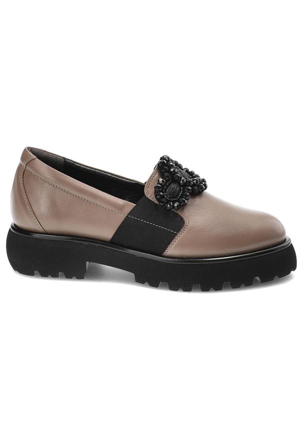 Brązowe Mokasyny Armodo Eleganckie Buty Damskie. Kolor: brązowy. Materiał: skóra. Wzór: aplikacja. Obcas: na obcasie. Styl: elegancki. Wysokość obcasa: średni