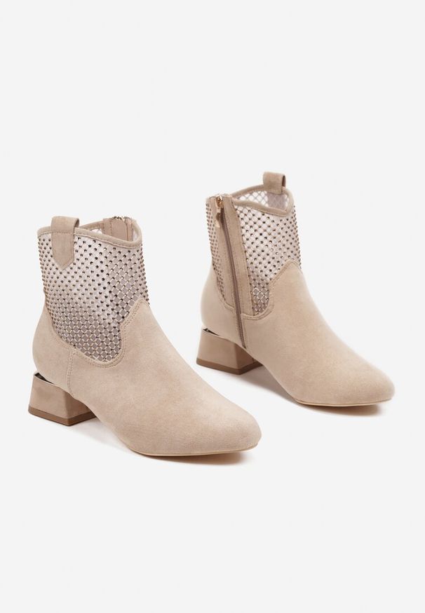 Born2be - Beżowe Botki Vices na Obcasie z Siateczkową Cholewką Deonelle. Okazja: na co dzień. Kolor: beżowy. Materiał: jeans. Szerokość cholewki: normalna. Wzór: aplikacja. Obcas: na obcasie. Styl: elegancki, casual. Wysokość obcasa: średni