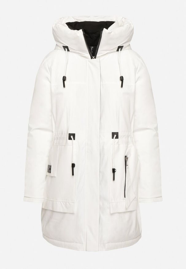 Born2be - Biała Kurtka Parka z Kapturem Ściągana w Pasie Semielin. Okazja: na co dzień, na spacer. Typ kołnierza: kaptur. Kolor: biały. Styl: elegancki, casual