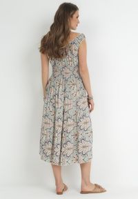 Born2be - Miętowo-Różowa Rozkloszowana Sukienka Midi na Szerokich Ramiączkach z Gumkami w Pasie Anelanie. Typ kołnierza: kołnierz z falbankami. Kolor: miętowy. Długość rękawa: na ramiączkach. Wzór: aplikacja, kwiaty. Długość: midi #3