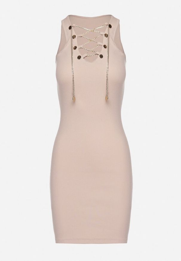 Born2be - Beżowa Bawełniana Sukienka Prążkowana z Ozdobnie Wiązanym Dekoltem Vikimarra. Okazja: na co dzień. Kolor: beżowy. Materiał: bawełna, prążkowany. Długość rękawa: krótki rękaw. Styl: wizytowy, casual, klasyczny, elegancki