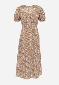 Born2be - Beżowo-Zielona Sukienka Midi z Gumką w Pasie i Rozcięciem Kaylanii. Kolor: beżowy. Materiał: bawełna, tkanina. Sezon: wiosna, lato. Długość: midi #6