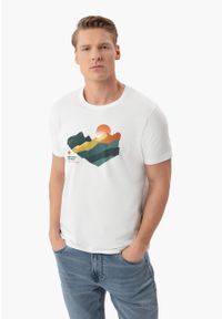 Volcano - T-shirt z motywem górskim T-MON. Okazja: na co dzień. Materiał: bawełna, jeans, materiał, dresówka. Długość rękawa: krótki rękaw. Długość: krótkie. Wzór: nadruk, kolorowy. Styl: casual, klasyczny #1