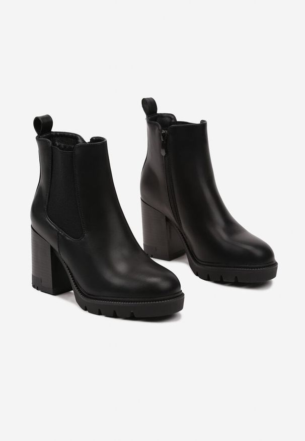 Born2be - Czarne Botki na Obcasie w Stylu Sztybletów z Gumką Realine. Okazja: na spotkanie biznesowe. Kolor: czarny. Materiał: jeans. Obcas: na obcasie. Styl: biznesowy. Wysokość obcasa: średni