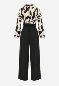 Born2be - Beżowo-Czarny Elegancki Kombinezon ze Wzorzystą Górą Szerokimi Nogawkami i Paskiem Grepia. Okazja: na co dzień. Kolor: czarny. Styl: elegancki #5