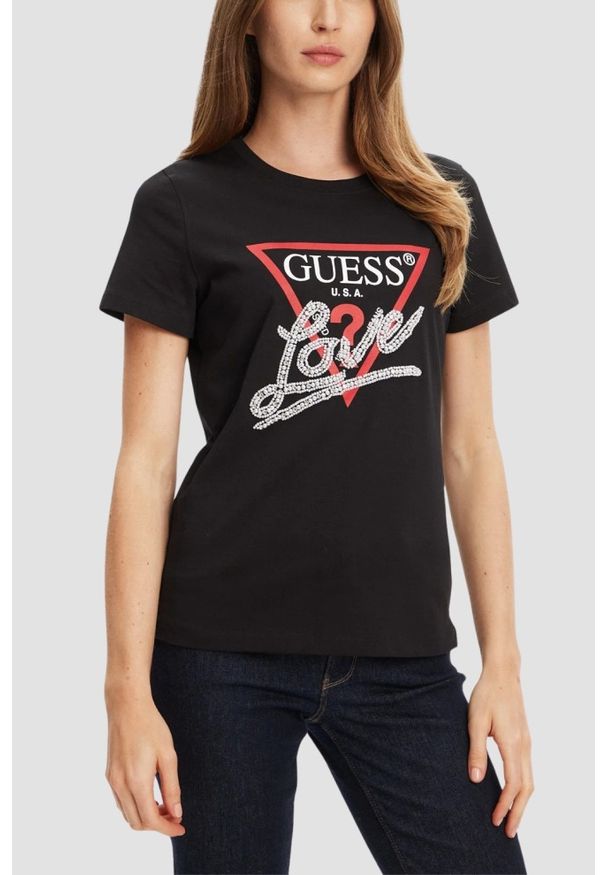 Guess - GUESS Czarny damski t-shirt Pearls Love, Rozmiar M. Kolor: czarny