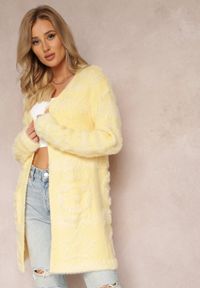 Renee - Żółty Długi Kardigan Puszysty Aborra. Kolekcja: plus size. Kolor: żółty. Materiał: tkanina, dzianina. Długość: długie. Wzór: aplikacja #3