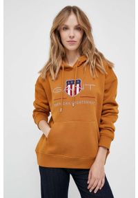 GANT - Gant bluza damska kolor brązowy z kapturem z aplikacją. Typ kołnierza: kaptur. Kolor: brązowy. Wzór: aplikacja #1