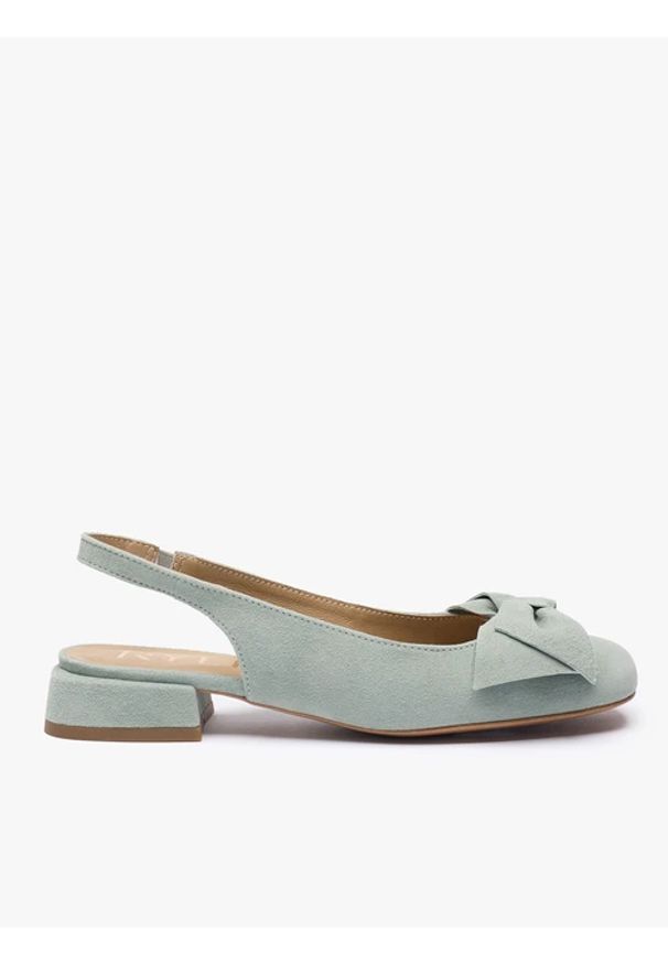 Ryłko - Morskie czółenka slingback bez pięty z kokardką. Okazja: na co dzień. Kolor: zielony. Szerokość cholewki: normalna. Wzór: aplikacja. Materiał: skóra, welur. Sezon: lato. Obcas: na obcasie. Styl: casual, street, elegancki. Wysokość obcasa: średni