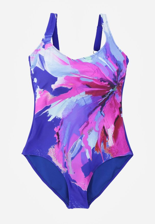 Born2be - Niebieski Gładki Strój Kąpielowy Jednoczęściowy z Akwarelowym Printem Amalidoe. Kolor: niebieski. Materiał: len. Wzór: nadruk, gładki