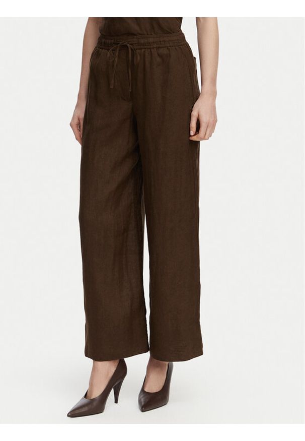 TOMMY HILFIGER - Tommy Hilfiger Spodnie materiałowe WW0WW48970 Brązowy ciemny Wide Leg. Kolor: brązowy. Materiał: len