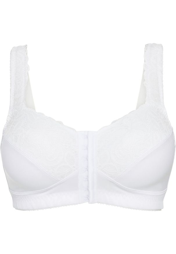 bonprix - Biustonosz odciążający bez fiszbinów z wygodnym zapięciem z przodu. Kolor: biały. Materiał: koronka. Wzór: koronka