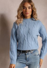 Renee - Niebieski Klasyczny Sweter w Ozdobny Splot Olgame. Kolor: niebieski. Materiał: dzianina, tkanina. Wzór: ze splotem. Styl: klasyczny #3