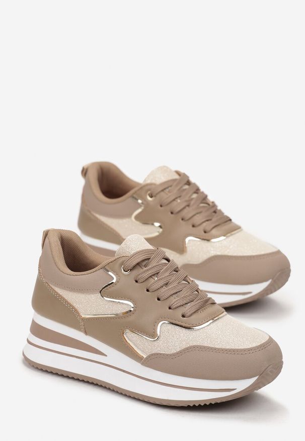 Renee - Ciemnobeżowe Sznurowane Sneakersy na Płaskiej Grubej Podeszwie z Brokatem Sincla. Okazja: na co dzień. Nosek buta: okrągły. Kolor: beżowy. Materiał: materiał