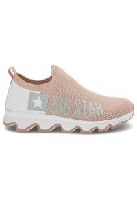 Big-Star - Beżowe Sneakersy Big Star Modne Buty Damskie. Okazja: do pracy, na spacer, na co dzień. Zapięcie: bez zapięcia. Kolor: beżowy. Materiał: materiał. Szerokość cholewki: normalna. Wzór: aplikacja. Sport: turystyka piesza #5