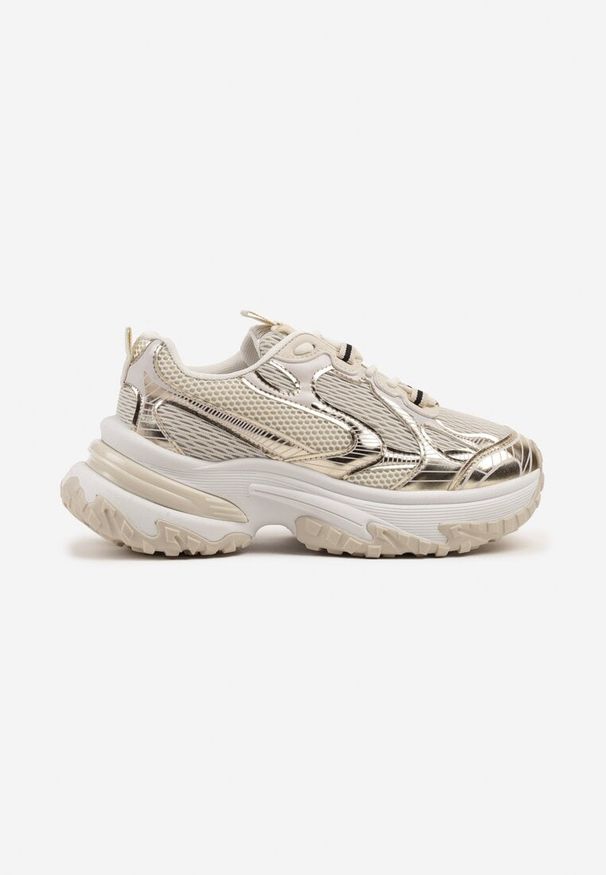 Born2be - Złote Sneakersy na Grubej Podeszwie Ozdobione Geometrycznym Motywem Mevillia. Okazja: na co dzień, na spacer. Kolor: złoty. Wzór: aplikacja, geometria. Sport: turystyka piesza