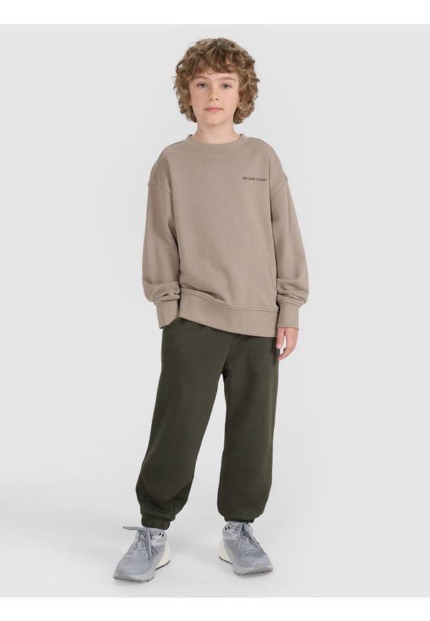 4f - 4F Spodnie dresowe joggery chłopięce - khaki 146 (10-11 lat). Okazja: na co dzień. Kolor: oliwkowy, wielokolorowy, brązowy. Materiał: dresówka. Wzór: gładki, ze splotem. Sezon: lato. Styl: sportowy, młodzieżowy, casual