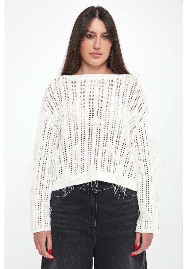 Twinset Milano - Sweter damski ażurowy z piórkami TWINSET. Wzór: ażurowy