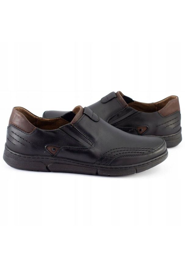 Polbut Buty męskie slip-on J51 czarne. Zapięcie: bez zapięcia. Kolor: czarny. Materiał: skóra, jeans. Sezon: jesień, wiosna. Styl: sportowy