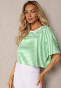 Renee - Zielony Oversizowy T-shirt Cropped w Paski z Elastycznej Bawełny Akrida. Kolor: zielony. Materiał: bawełna. Wzór: paski. Sezon: lato #1
