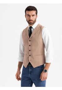 Ombre Clothing - Dopasowana elegancka kamizelka męska z elastanem i klapami – brązowa V1 - Rozmiar: L. Kolor: brązowy. Materiał: elastan. Wzór: gładki, jednolity. Styl: elegancki #9