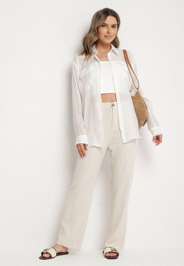 Born2be - Beżowe Klasyczne Spodnie z Lnu i Wiskozy Saralirae. Okazja: na spacer, na co dzień. Stan: podwyższony. Kolor: beżowy. Materiał: len, wiskoza. Styl: klasyczny