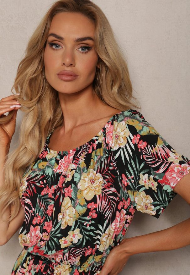 Renee - Czarn-Różowa Sukienka z Bawełny w Kwiatowy Print Dimizama. Okazja: na co dzień. Kolor: czarny. Materiał: bawełna. Długość rękawa: krótki rękaw. Wzór: kwiaty, nadruk. Typ sukienki: proste. Styl: elegancki, casual