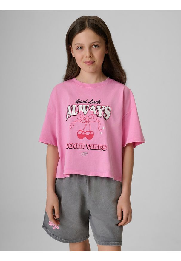 4f - 4F T-shirt boxy z nadrukiem dziewczęcy - różowy 122/128 (6-8 lat). Okazja: na co dzień. Kolor: różowy. Materiał: materiał, bawełna, dzianina. Długość: krótkie. Wzór: nadruk. Sezon: lato. Styl: casual