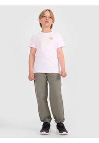 4f - 4F T-shirt regular z nadrukiem chłopięcy - biały 134 (8-9 lat). Okazja: na co dzień. Kolor: biały. Materiał: jersey, bawełna, materiał. Długość rękawa: krótki rękaw. Długość: krótkie. Wzór: nadruk. Sezon: lato. Styl: sportowy, klasyczny, casual