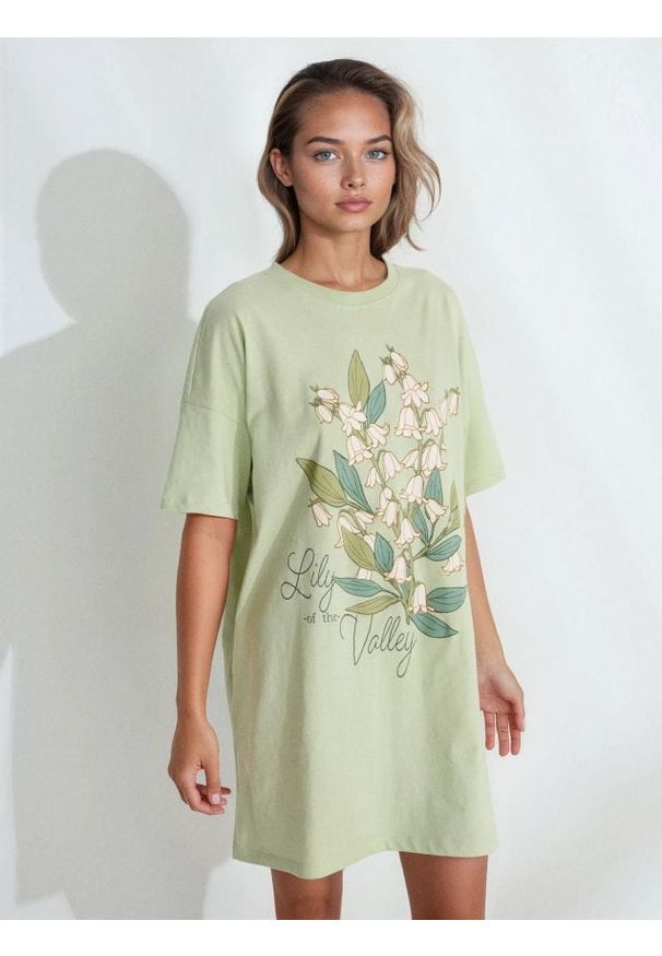 Sinsay - Bawełniana koszula nocna z nadrukiem - zielony. Kolor: zielony. Materiał: bawełna. Wzór: nadruk