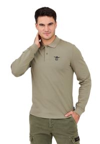 Aeronautica Militare - AERONAUTICA MILITARE Zielony męski longsleeve polo. Okazja: na co dzień. Typ kołnierza: polo. Kolor: zielony. Materiał: materiał, bawełna. Długość rękawa: długi rękaw. Styl: casual