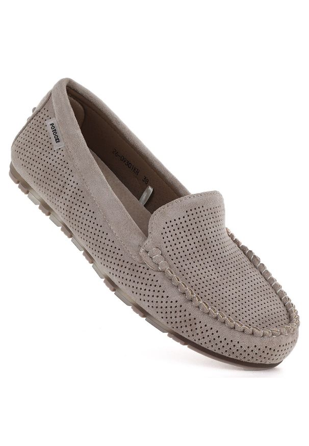 POTOCKI - Mokasyny damskie półbuty zamszowe khaki Potocki 09301. Kolor: brązowy. Materiał: tkanina. Styl: elegancki