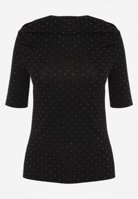 Born2be - Czarna Bluzka z Cyrkoniami i Dekoltem w Łódkę Saloriel. Okazja: na co dzień. Kolor: czarny. Materiał: poliester, skóra, jeans. Wzór: aplikacja. Styl: casual, wizytowy #8