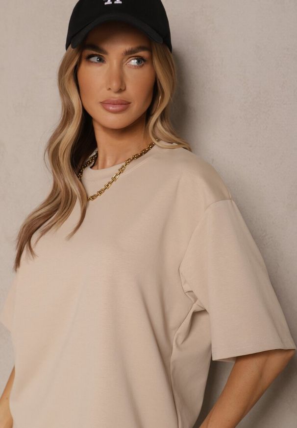 Renee - Jasnobeżowy Basicowy T-shirt z Bawełną Meronissea. Okazja: na co dzień. Kolor: beżowy. Materiał: bawełna. Styl: klasyczny, casual